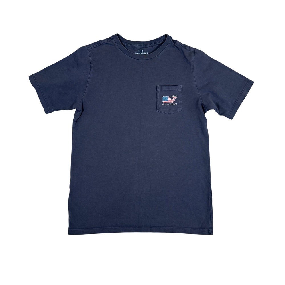 Vineyard Vines Boys Navy Blue American Flag Whale Pocket T-Shirt Size M 12-14